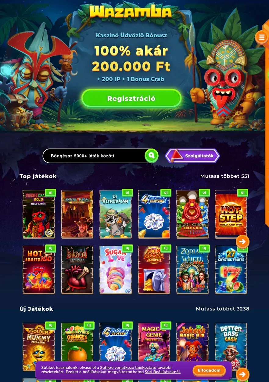 Wazamba alkalmazás kezdőlapja